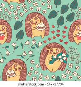 Seamless pattern with cute hedgehogs and flowers. Vector illustration.