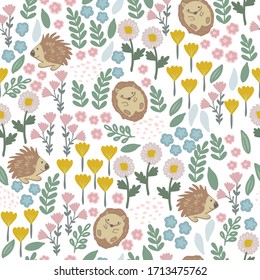 Seamless Pattern of Cute hedgehogs and flowers