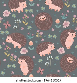 Seamless pattern with cute hedgehogs and flowers. Vector graphics.