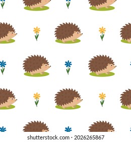 Seamless pattern with cute hedgehogs and flowers, vector illustration 