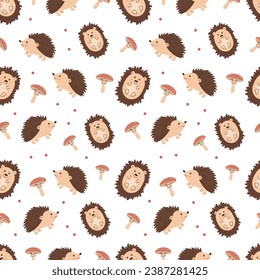 Seamless pattern with cute hedgehogs and forest mushrooms. Children's pattern for clothes. Cute animal print. Vector illustration