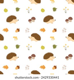 Seamless pattern with cute hedgehogs in the forest. Children's print,  hedgehogs with mushrooms, apple, leaves, acorn.