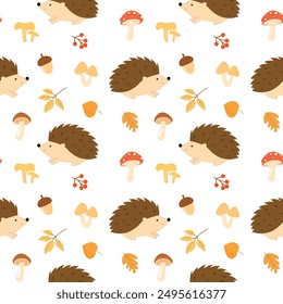 Seamless pattern with cute hedgehogs in the forest. Children's print. Hedgehogs with mushrooms, acorns, leaves, fly agaric. Vector autumn background with animals. Flat design.