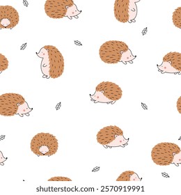 Seamless pattern with cute hedgehogs and forest leaves. Children's pattern for clothes. Cute animal print.