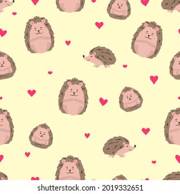 Seamless pattern with cute hedgehogs and hearts, animal print. Hand-drawn, cartoon style, children's background, vector illustration