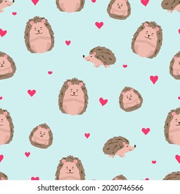 Seamless pattern with cute hedgehogs and hearts, animal print. Hand-drawn, cartoon style, children's background, vector illustration