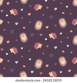 Seamless pattern with cute hedgehogs and hearts on a dark purple background. Childish repeated background with cartoon characters perfect for wallpaper, fabric, wrapping paper. 