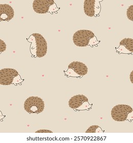 Seamless pattern with cute hedgehogs and hearts. Children's pattern for clothes. Cute animal print.