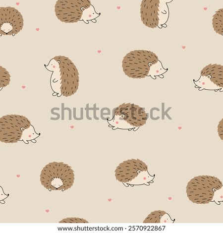 Seamless pattern with cute hedgehogs and hearts. Children's pattern for clothes. Cute animal print.