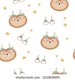 Seamless pattern with cute hedgehogs in holiday glasses. Cute design with animal faces for cloth prints, wallpaper, wrapping paper