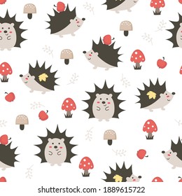 Seamless pattern with cute hedgehogs, mushrooms and apples