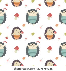 Seamless pattern with cute hedgehogs and mushrooms, hand drawn childrens forest animals, vector print, wrapping paper, cover, collage.