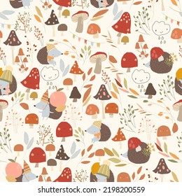 Seamless Pattern with Cute Hedgehogs, Mushrooms and Colorful Autumnal Leaves