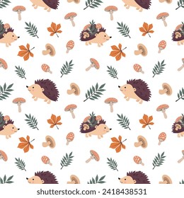 Seamless pattern with cute hedgehogs and mushrooms on a white background. Vector illustration