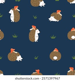 Seamless pattern with cute hedgehogs and mushrooms. Children's pattern for clothes.