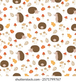 Seamless pattern with cute hedgehogs, mushrooms abd leaves. Children's pattern for clothes.