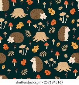 Seamless pattern with cute hedgehogs, mushrooms and leaves in the forest