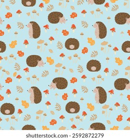 Seamless pattern with cute hedgehogs, mushrooms abd leaves. Children's pattern for clothes.