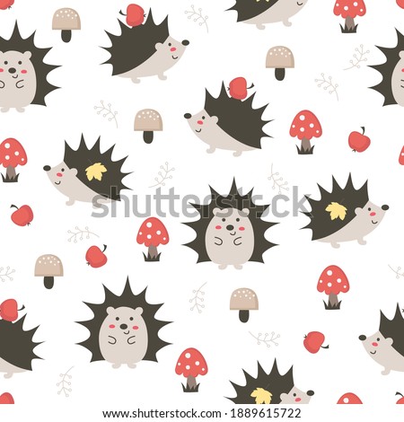 Seamless pattern with cute hedgehogs, mushrooms and apples
