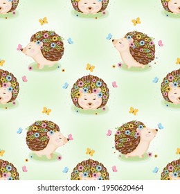 Seamless pattern with cute hedgehogs with spring flowers on the meadow. Vector illustration.