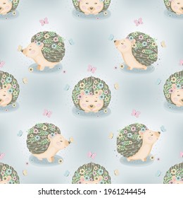 Seamless pattern with cute hedgehogs with spring flowers in the meadow. Vector illustration.