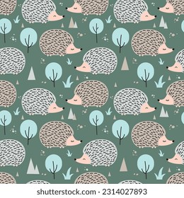 Сhildish seamless pattern with cute hedgehogs and trees. Vector wallpaper, texture for kids bedding, fabric, wallpaper, wrapping paper, textile, t-shirt, printing