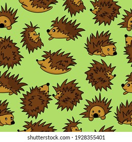 Seamless pattern of cute hedgehogs in various poses, funny spiky animals on a green background vector illustration