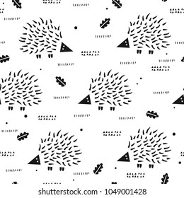 Seamless pattern with cute hedgehogs. Vintage repeating texture with smiling urchins.Childish vector background with cartoon characters. Scandinavian style.