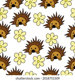 Seamless pattern of cute hedgehogs and yellow flowers, thorny animals in doodle style on a white background vector illustration