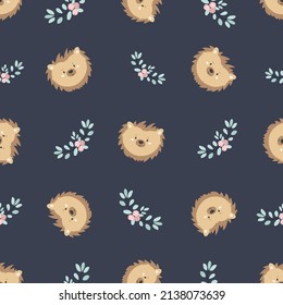 Seamless pattern with cute hedghogs anf forest twigs. Vector illustration for baby prints, wallpaper, wrapping paper