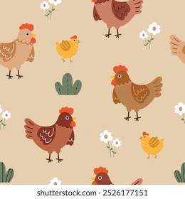 Seamless pattern with cute hen, chick and flowers for your fabric, children textile, apparel, nursery decoration, gift wrap paper. Vector illustration	