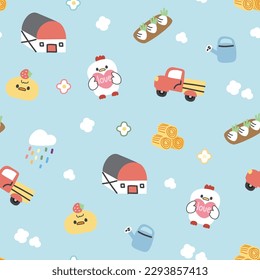 Nahtlose Muster von süßen Hühnern und Hühnern im Bauernkonzept auf blauem Hintergrund.Roter LKW.Bild für Karte, Plakat, Babykleidung.Kawaii.Vector.Illustration.