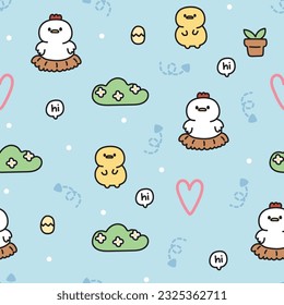 Nahtlose Muster süßer Henne und Huhn mit Blume und Herz auf blauem Hintergrund.Farm Animal Character design.Kawaii.Vector.Illustration.