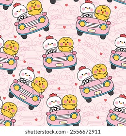 Seamless pattern of cute hen and chicken drive on car with heart pink background.Vehicle.Bird farm animal character cartoon.Kawaii.Vector.Illustration.