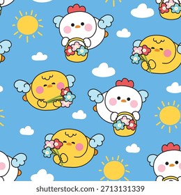 Patrón sin fisuras de linda gallina y pollo ángel sostener la flor para volar en el fondo del cielo.Nube y sun.Animal granja pájaro personaje de dibujos animados.Kawaii.Vector.Ilustración. 