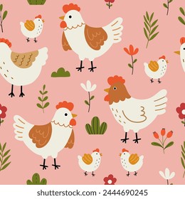 Patrón sin costuras con gallina linda, pollitos, flores y hojas para su tela, textiles para niños, ropa, decoración de vivero, papel de envoltura de regalo. Ilustración vectorial