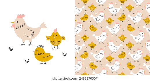 Seamless pattern with cute hen and chicks