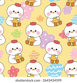Seamless pattern of cute hen doll hug tiny chicken star background.Friend.Love.Farm bird animal character cartoon.Kawaii.Vector.Illustration.