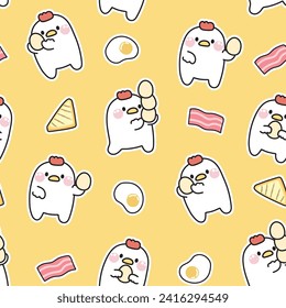 Seamless pattern of cute hen with egg in various poses on yellow background.Farm animal character cartoon design collection.Kid graphic.Bird.Bacon,fried egg,bread hand drawn.Vector.Illustration