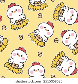 Padrão contínuo de fofo galinha eclodindo background.Eggs.Farm personagem animal design.Kawaii.Vetor.Illustration.