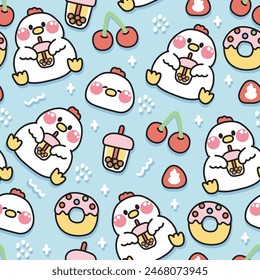 Seamless pattern of cute hen hold bubble milk tea on background.Farm animal character cartoon design.Image for card,baby product,Print screen clothing.Donut,strawberry,cherry.Kawaii.Illustration.