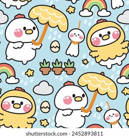 Seamless pattern of cute hen in rainy season concept backgorund.Farm chicken animal character cartoon design collection.Egg,star,cloud,rain,coat hand drawn.Kawaii.Vector.Illustration.