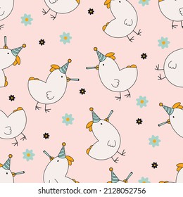 Seamless pattern with cute hens in birthday caps on a pink background. Vector illustration.