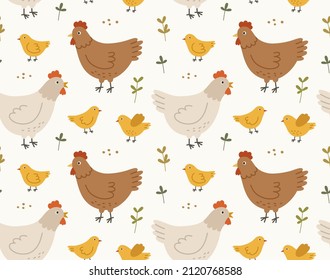 Seamless pattern of cute hens and chickens in various poses with grains. Hand-drawn vector poultry, isolated on white background. Spring season concept, Easter, nature.