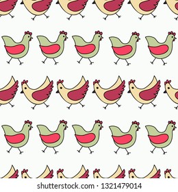Seamless pattern,  cute hens, folk style, hand drawn, white background, vector illustration