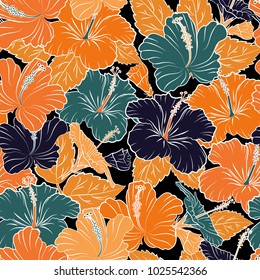 Seamless pattern with cute hibiscus flowers in orange, blue and white colors. Vector illustration.