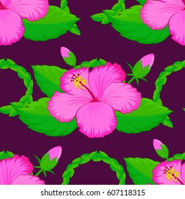 Seamless pattern with cute hibiscus flowers on a purple background. Vector illustration.