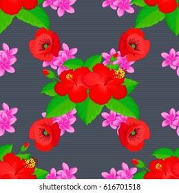 Seamless pattern with cute hibiscus flowers on a gray background. Vector illustration.