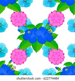 Seamless pattern with cute hibiscus flowers on a white background. Vector illustration.