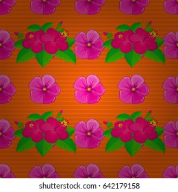 Seamless pattern with cute hibiscus flowers on a orange background. Spring vintage floral background. Beautiful vector texture.